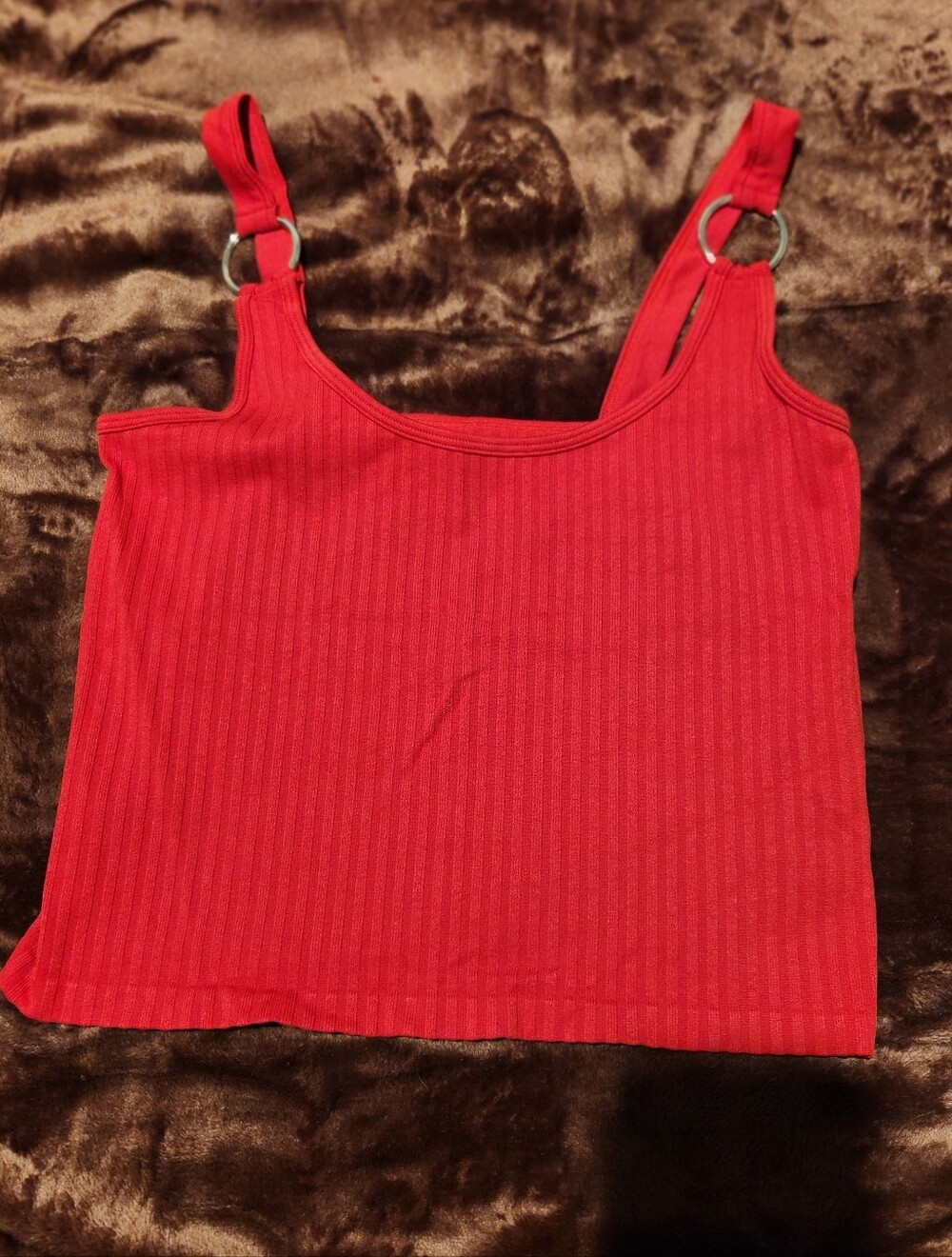 Bella Seamless Red Ribbed Crop Tank Top Silver Ring Straps Size M/L